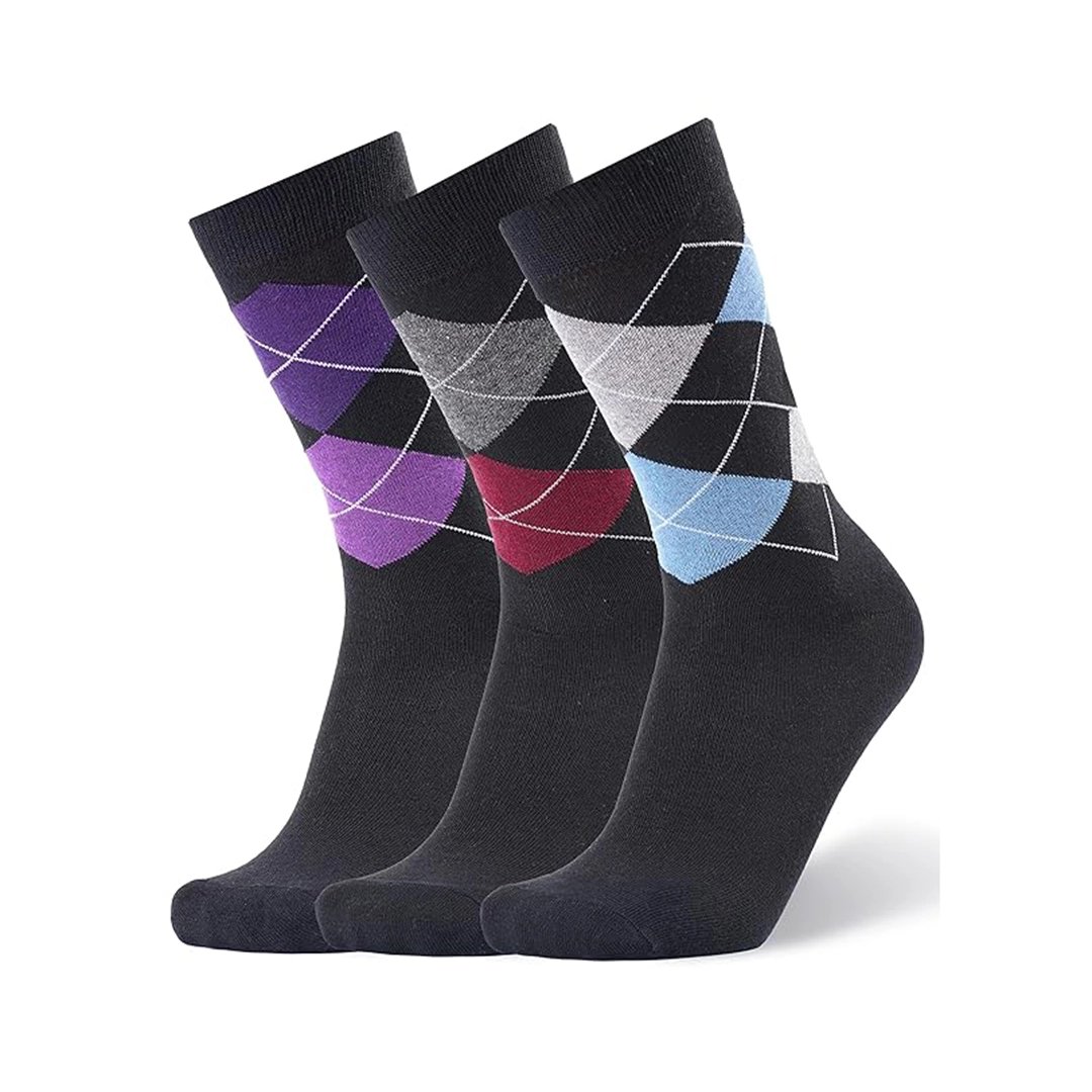 Men's Crew Length Cotton Black Argyle Socks, Pack of 3