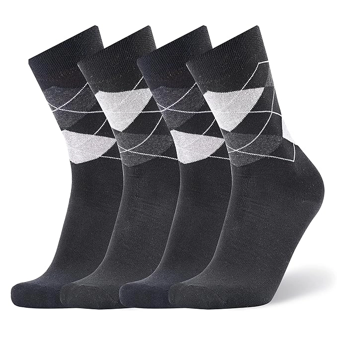 Men's Crew Length Cotton Black Argyle Socks, Pack of 4